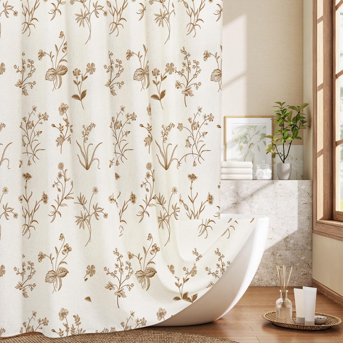 MitoVilla Blue Boho Linen Shower Curtain - Floral Farmhouse Curtain 72x72