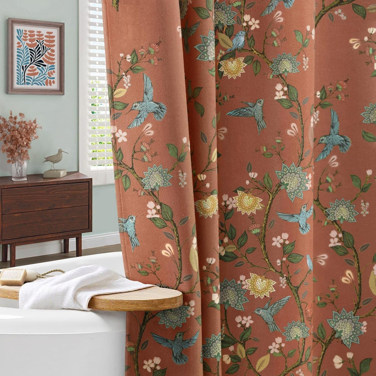 Floral Terracotta Boho Shower Curtain,Vintage Anthropologie Linen Shower Curtains for Bathroom,72Wx72H