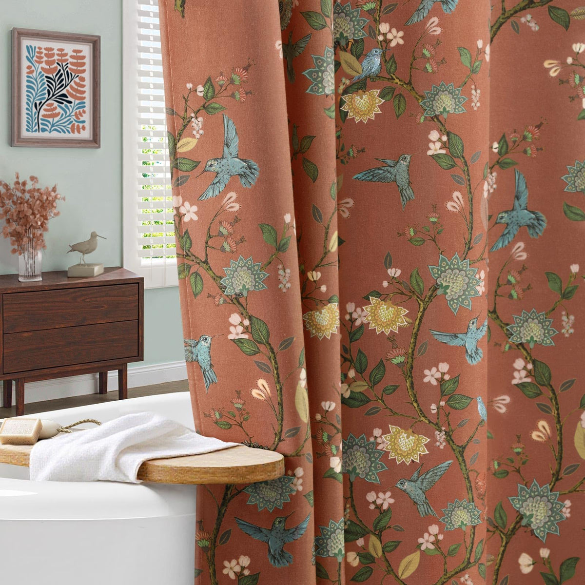 Floral Terracotta Boho Shower Curtain,Vintage Anthropologie Linen Shower Curtains for Bathroom,72Wx72H