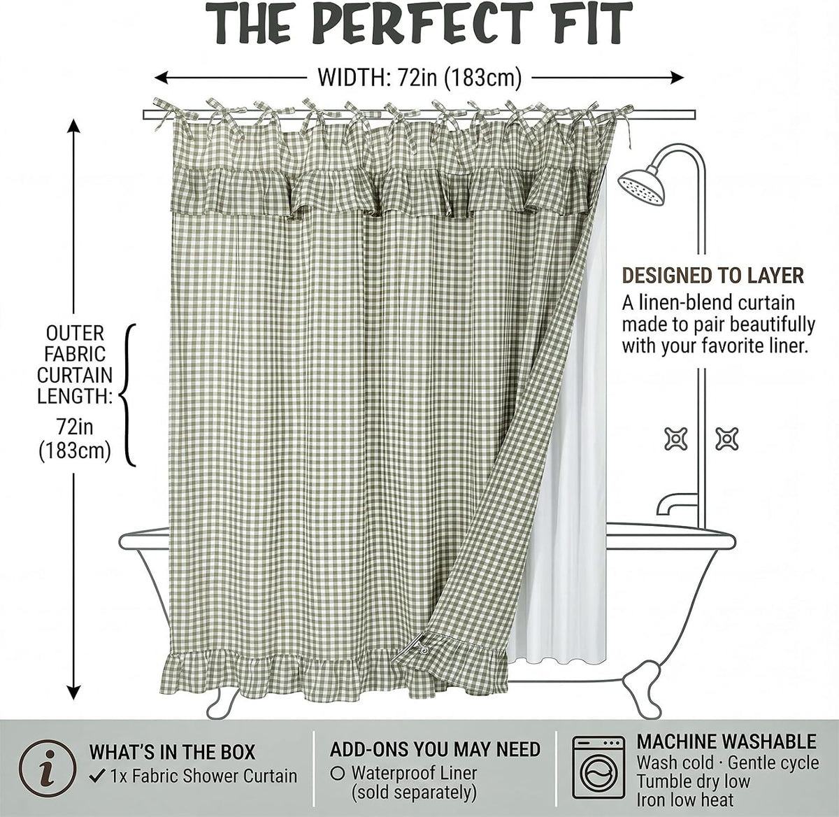 Sage Green Gingham Ruffle Shower Curtain 72x72 Cotton Fabric