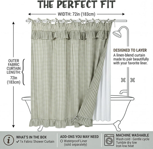 Sage Green Gingham Ruffle Shower Curtain 72x72 Cotton Fabric