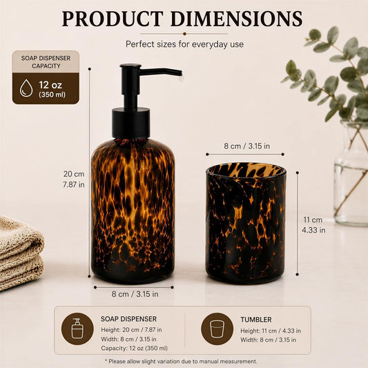 Tortoise Shell Bathroom Accessories | Tortoise Shell Soap Dispenser with Toothbrush Holder | Leopard & Cheetah Bathroom Accessories | Brown Bathroom Decor | Amber Glass Soap Dispenser with Black Pump
