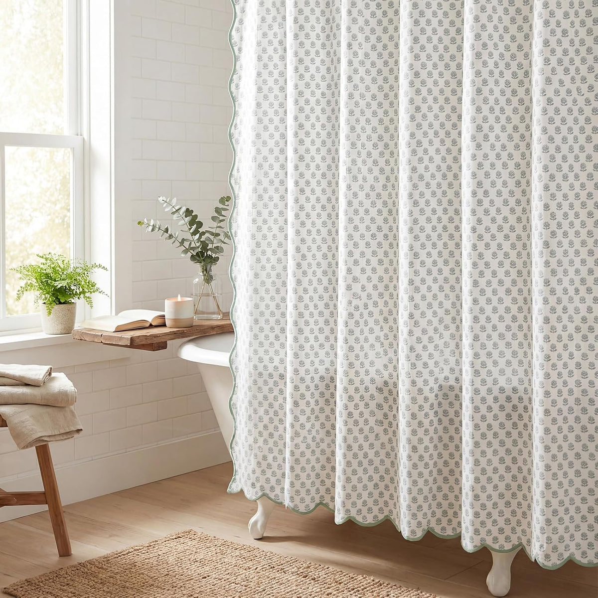 Mindsoft Toile Shower Curtain 72" x 72" Block Print Green and White Begonia
