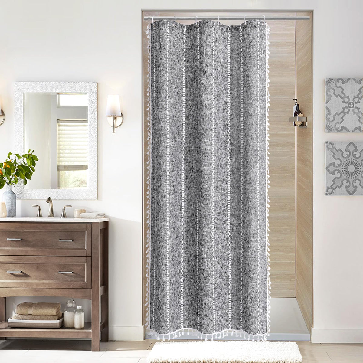 Boho Farmhouse Tassel Linen Shower Curtain,3D Embroidery Stripe Blue,72x72