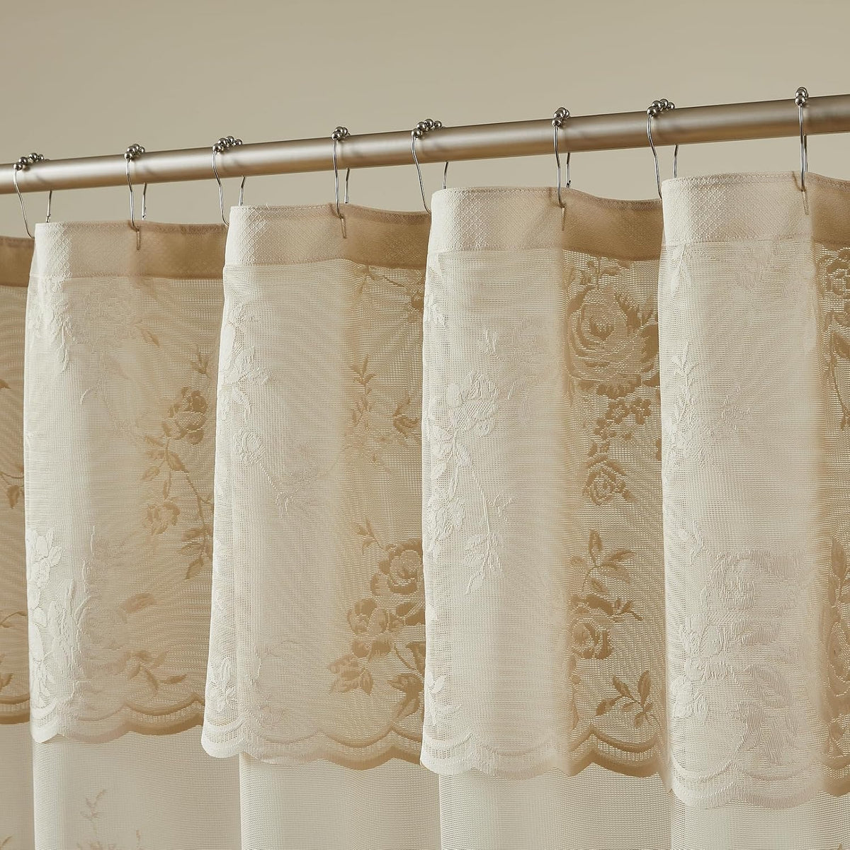 Beige Lace Shower Curtain with Attached Valance Decorative Vintage Floral Shower Curtain for Bathroom Spa Boho Cottagecore Decor Scalloped Edge Shabby Chic Bath Curtains Spa-like Hotel, 72 x 72 Inch