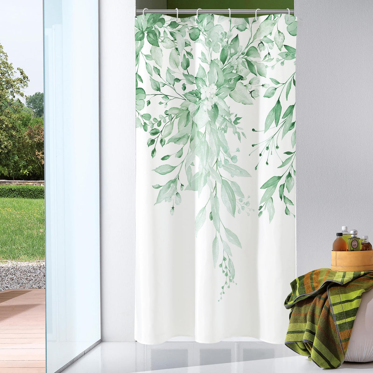 Gibelle Olive Green Eucalyptus Shower Curtain, Floral Print, 72x72