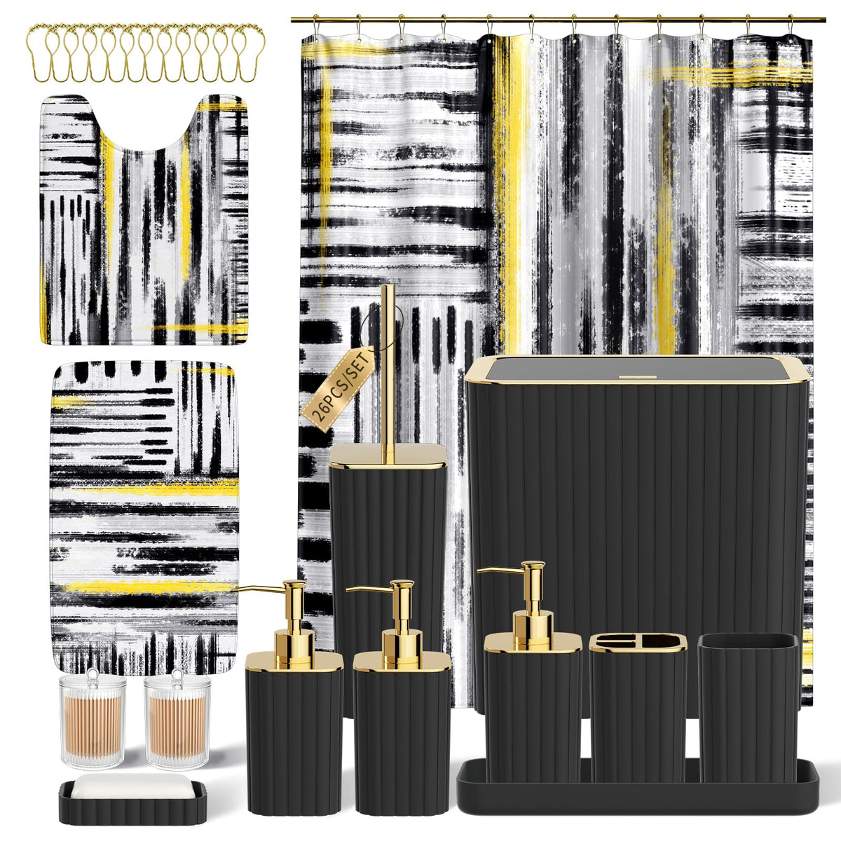 Bathroom Sets with Shower Curtain and Rugs - Elegant Bathroom Set, 27PC Bathroom Accessories Set, Green Bathroom Set, Mini Trash Can, Toilet Brush, Trash Can & Soap Dispenser