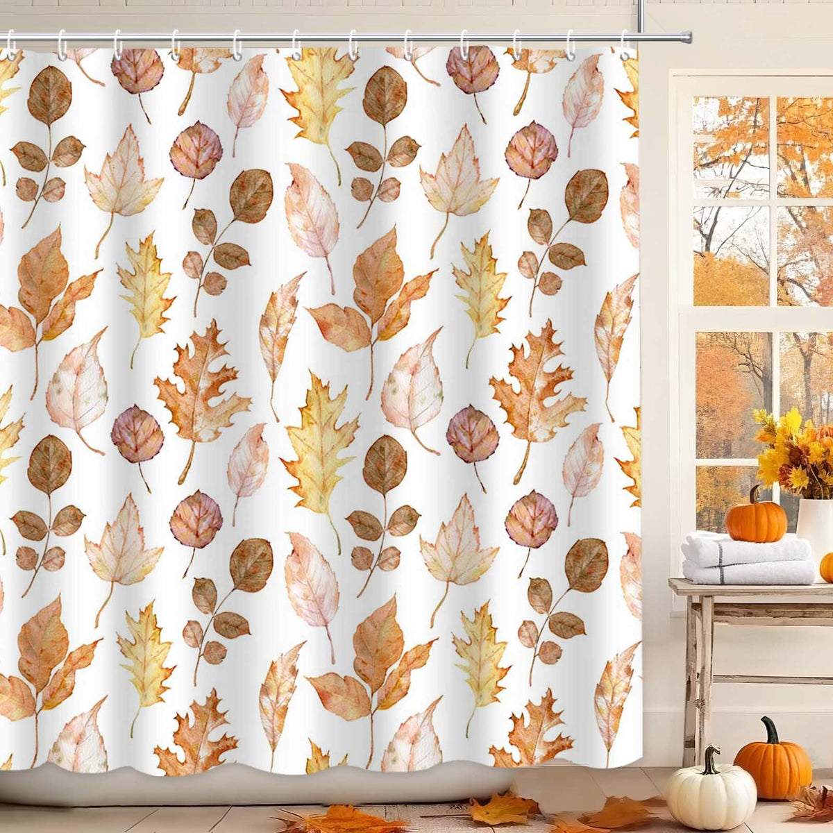 MEHOFOND Fall PumpkinsShower Curtain Autumn Watercolor Floral Bath Curtain