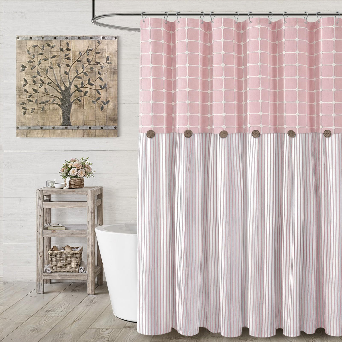 Farmhouse Shower Curtain Linen Beige Button Brown Stripe 72"W x 72"L