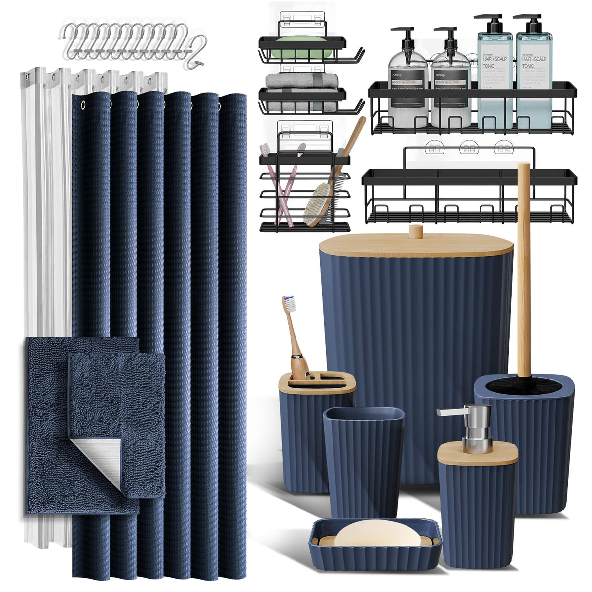 Clara Clark Black Bathroom Set, Shower Curtain Set, Bathroom Accessory Set