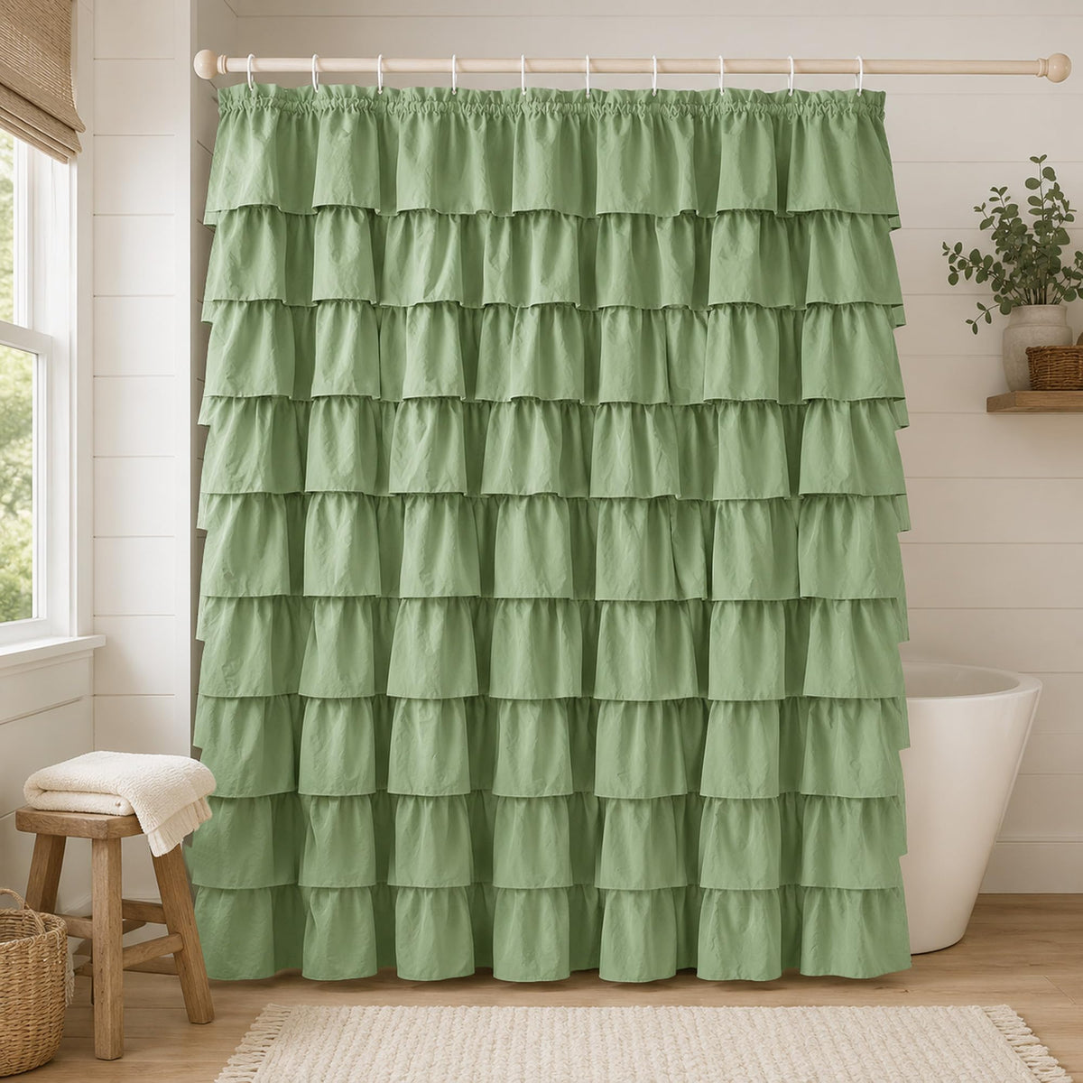 White Ruffle Shower Curtain for Bathroom,72 x 72 Inches, Farmhouse Style