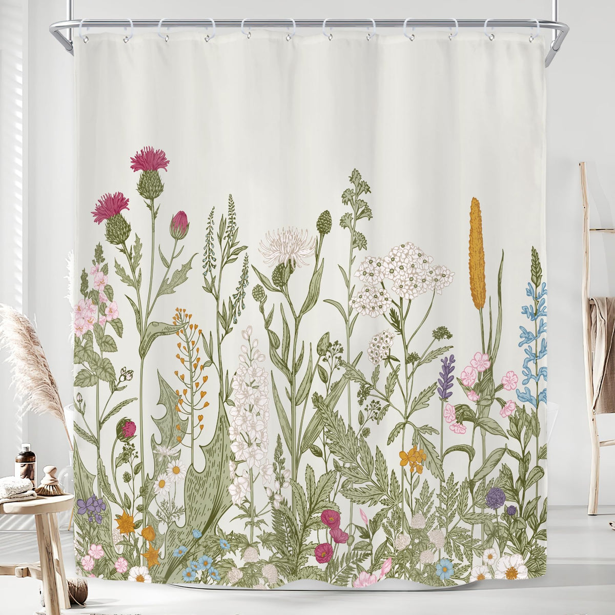 Sage Green Floral Wildflower Plant Herbs Nature Bathroom Shower Curtain Set