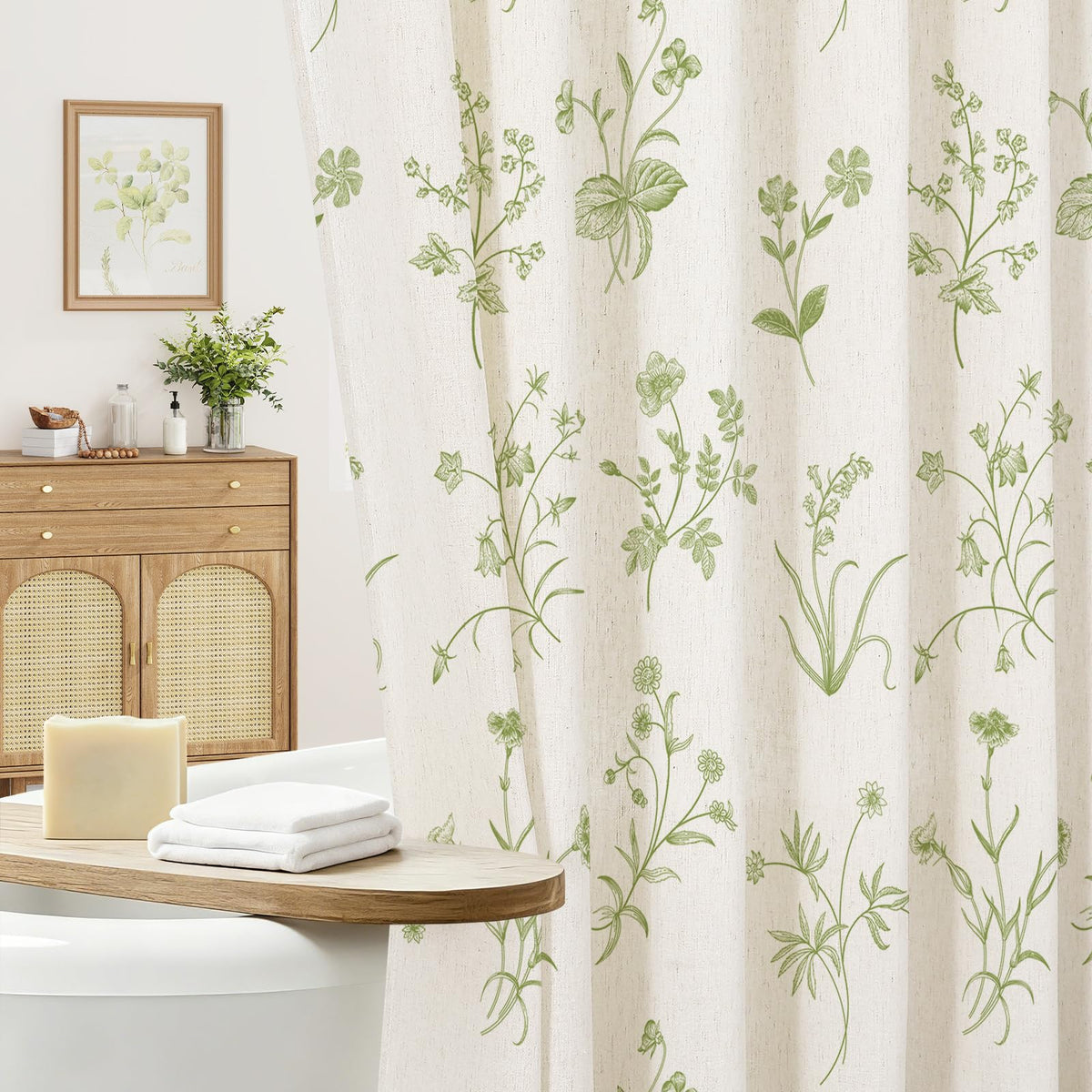 MitoVilla Blue Boho Linen Shower Curtain - Floral Farmhouse Curtain 72x72