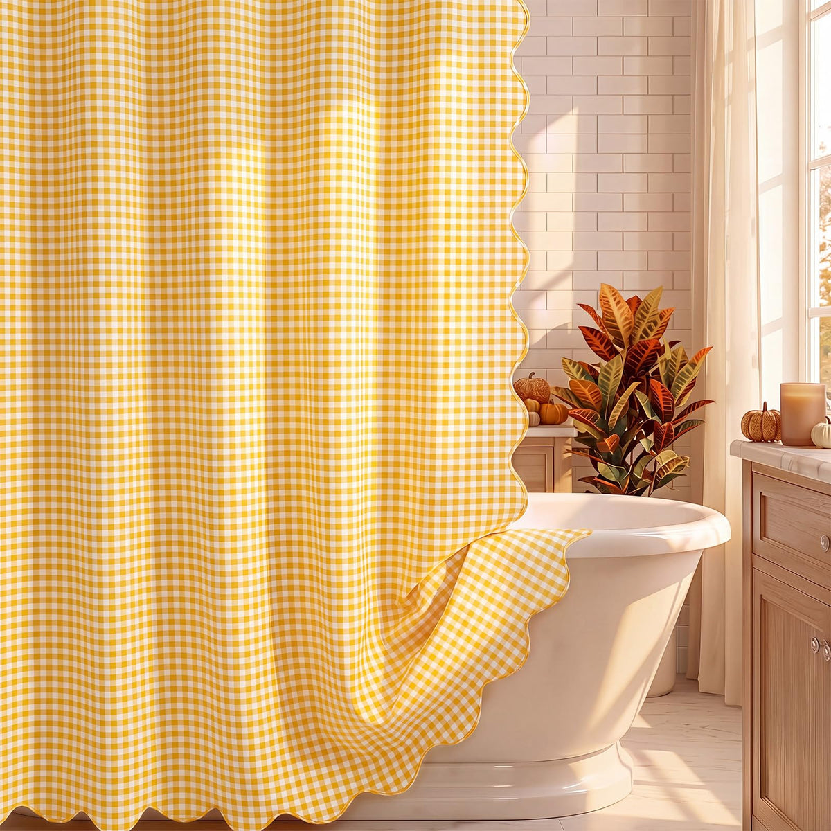 HunnmingRe Ruffle Hem Gingham Shower Curtain Sage Green