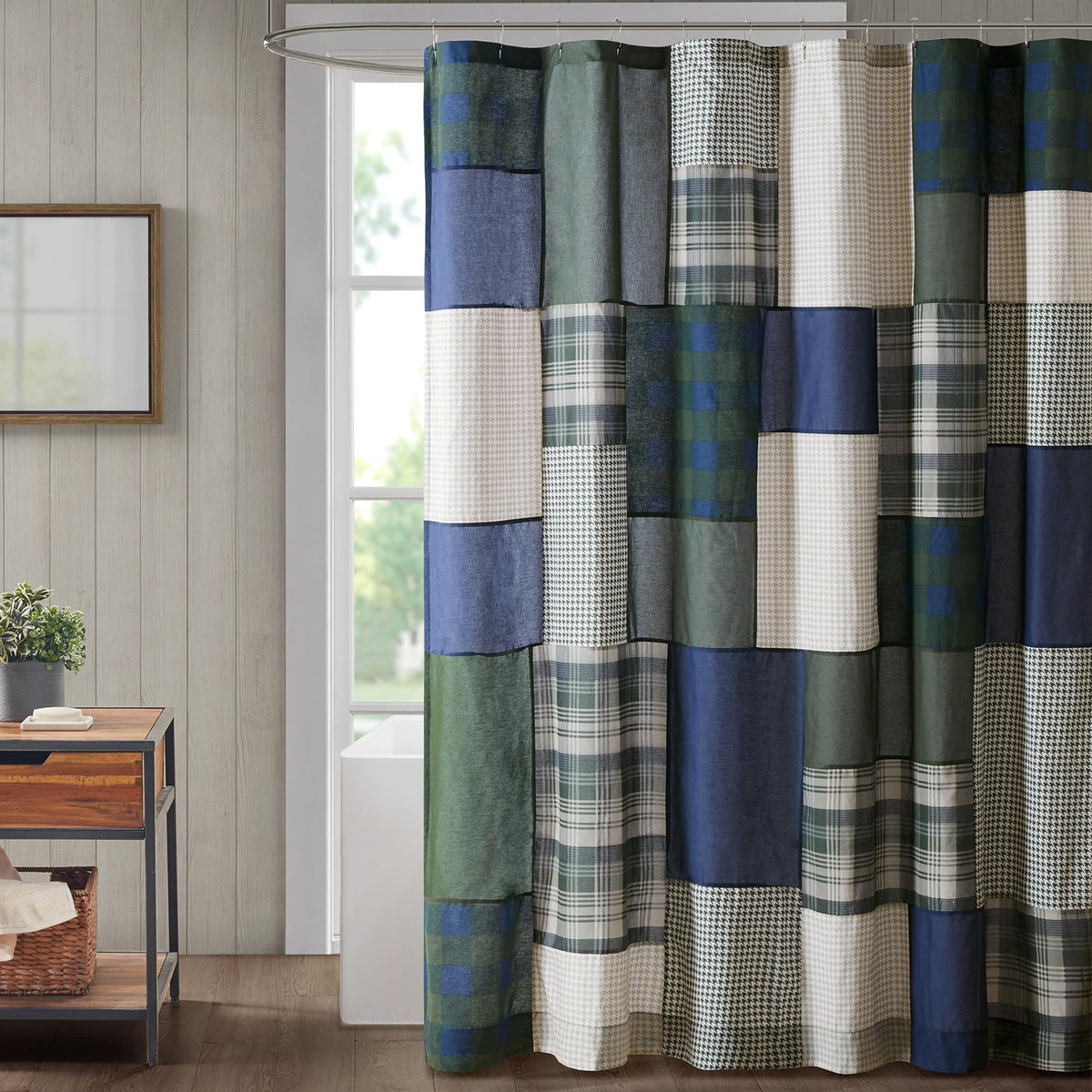 Woolrich Winter Hills 100% Cotton Shower Curtain, Cabin Lodge Plaid Pieced Design, Farmhouse Bathroom Decor, Machine Washable, Fabric Privacy Screen 72x72, Tan/Blue
