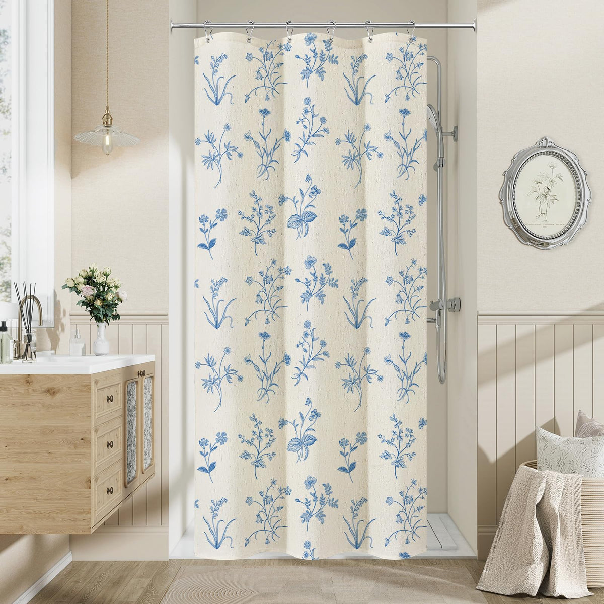 MitoVilla Blue Boho Linen Shower Curtain - Floral Farmhouse Curtain 72x72