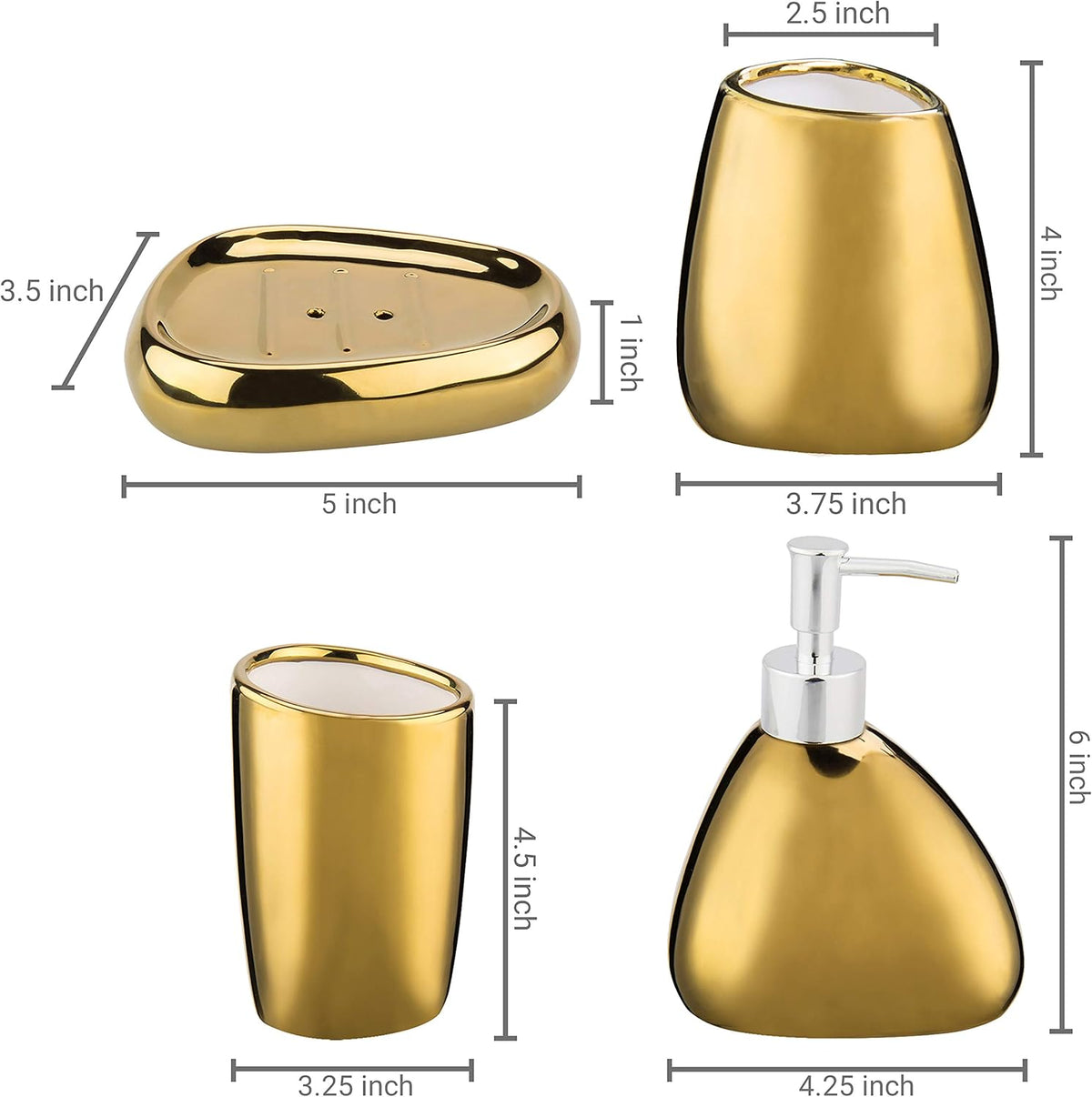 MyGift 4 Pcs Gold Bathroom Accessories Set with Toothbrush Holder, Soap Dispenser, Tumbler and Soap Dish, Bathroom Organizer Accessory for Modern Home Decor, Complete Ceramic