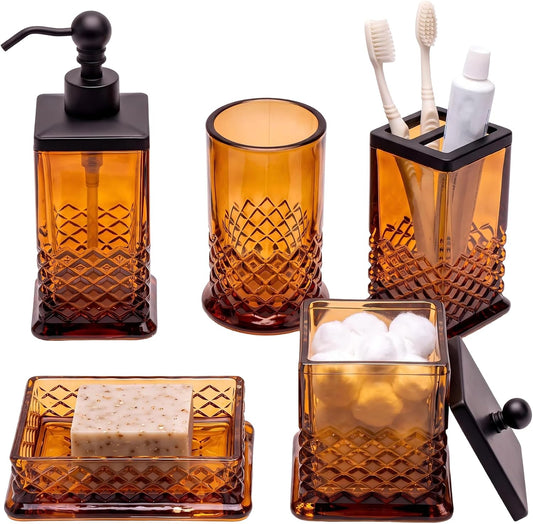 JKE Heavy Glass 5Pcs Amber Bathroom Set Accessories Vintage