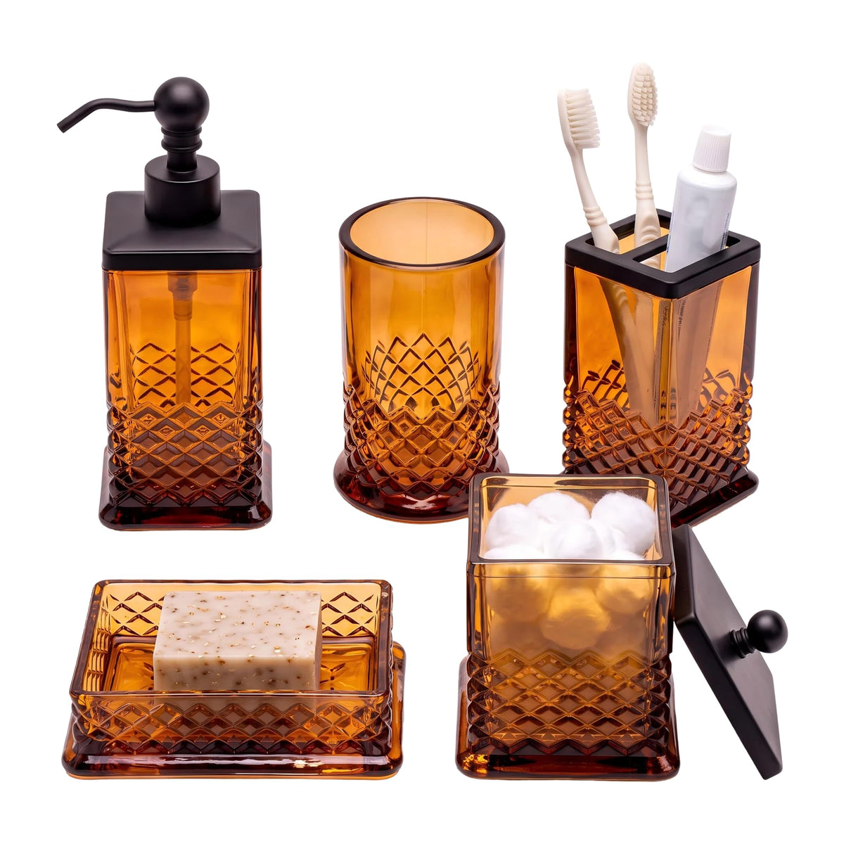 JKE Heavy Glass 5Pcs Amber Bathroom Set Accessories Vintage