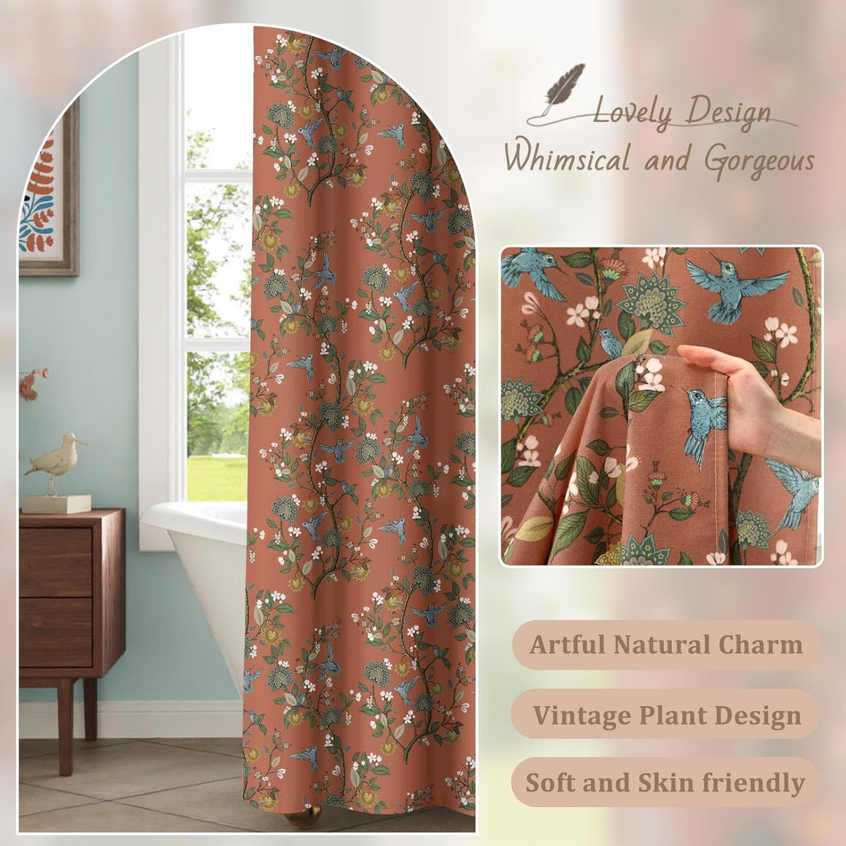 Floral Terracotta Boho Shower Curtain,Vintage Anthropologie Linen Shower Curtains for Bathroom,72Wx72H