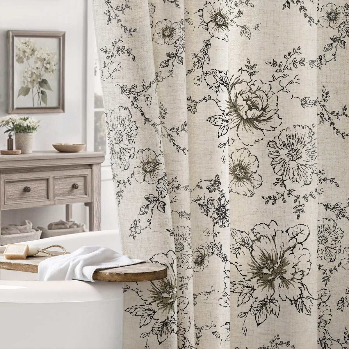 Farmhouse Floral Vintage Shower Curtain for Bathroom, Black and Tan Taupe