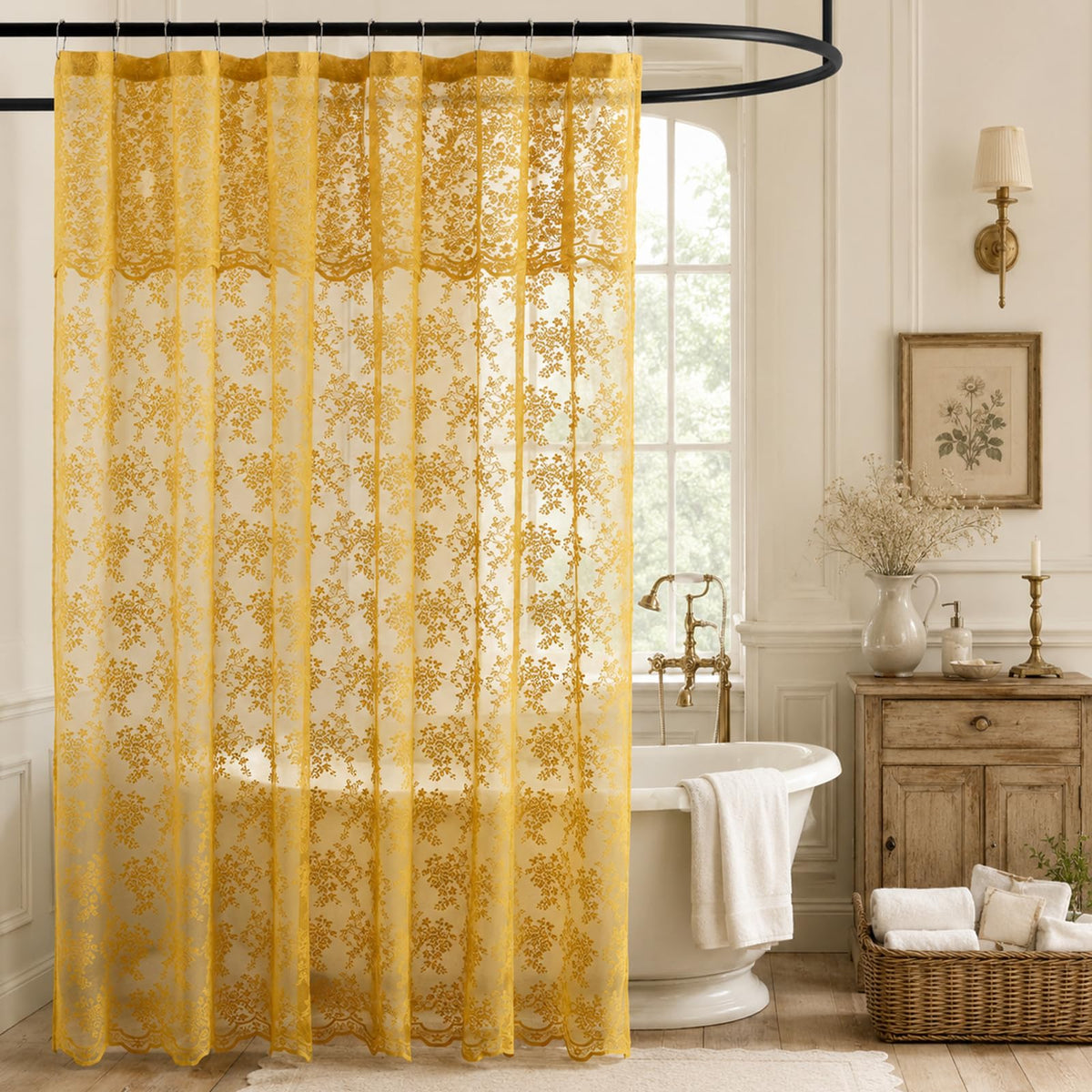 TUDECO Black Lace Shower Curtain with Valance, Gothic Style, 72 x 72 Inch