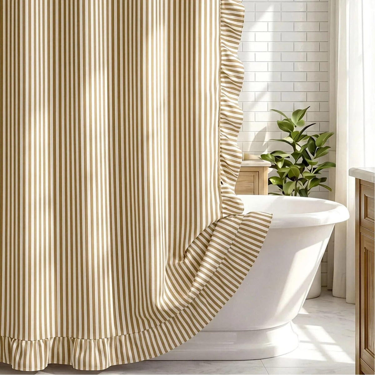 HunnmingRe Sage Green Farmhouse Striped Shower Curtain Tasseled 72x72 Inch