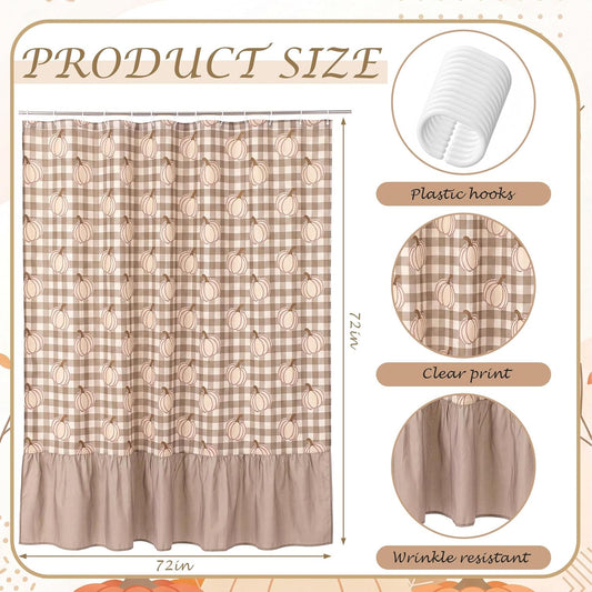 Irenare Fall Pumpkin Shower Curtain, Beige Ruffle Gingham Bathroom Decor