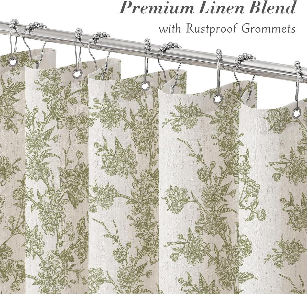 Sage Linen Farmhouse Shower Curtain, Vintage Boho Floral 72x72