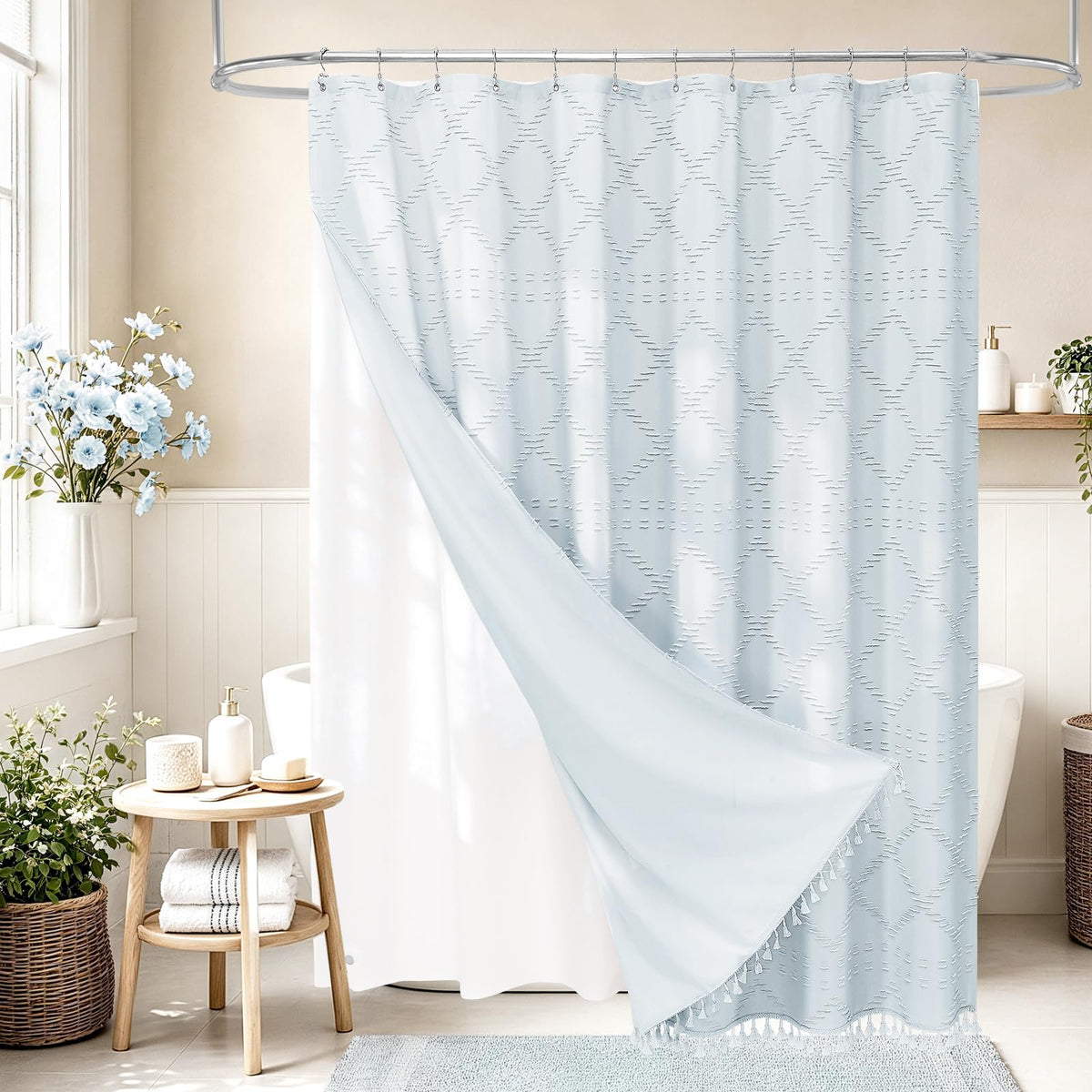 Blue Boho Woven Fabric Shower Curtain with Tassel 72 x 72, Tufted Textured