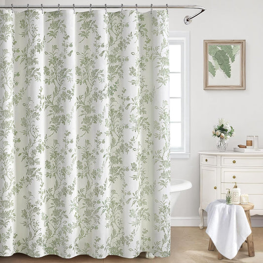Sage Green Floral Shower Curtain,Vintage Cotton Cottagecore Shower Curtains for Bathroom, 72" W x 72" L