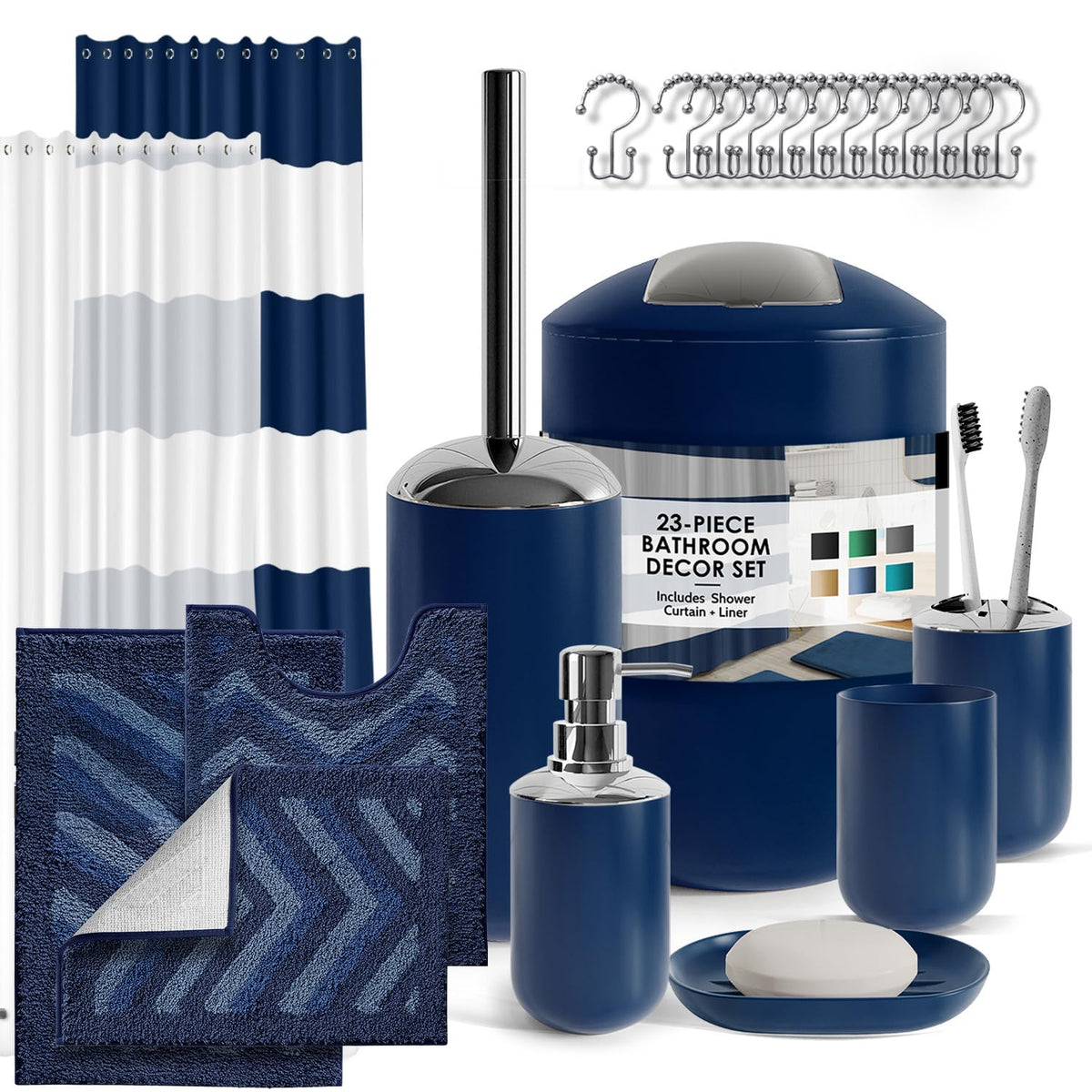 Clara Clark Bathroom Set - Navy Bathroom Accessories Set, 20PC Bathroom Accessory Set, Shower Curtain Set with Liner, Toothbrush Holder, Soap Dispenser, Soap Dish, Toilet Brush Holder, and Trash Can