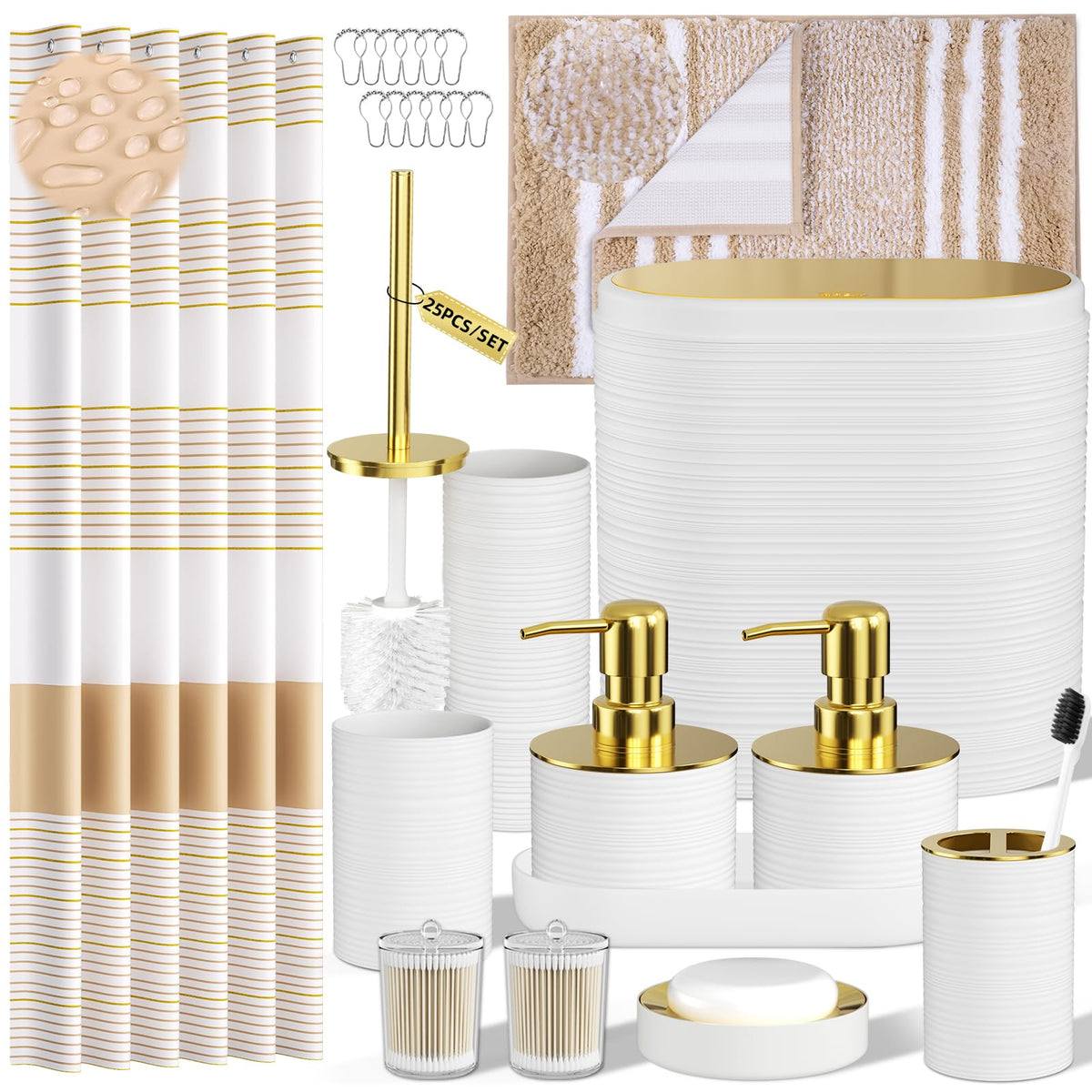 Bathroom Set, 10PC Bathroom Accessory Set, Black Bathroom Accessories, Black and Gold Bathroom Set with Trash Can, Soap Dispensers