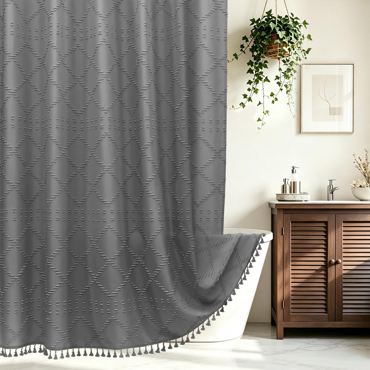 Blue Boho Woven Fabric Shower Curtain with Tassel 72 x 72, Tufted Textured