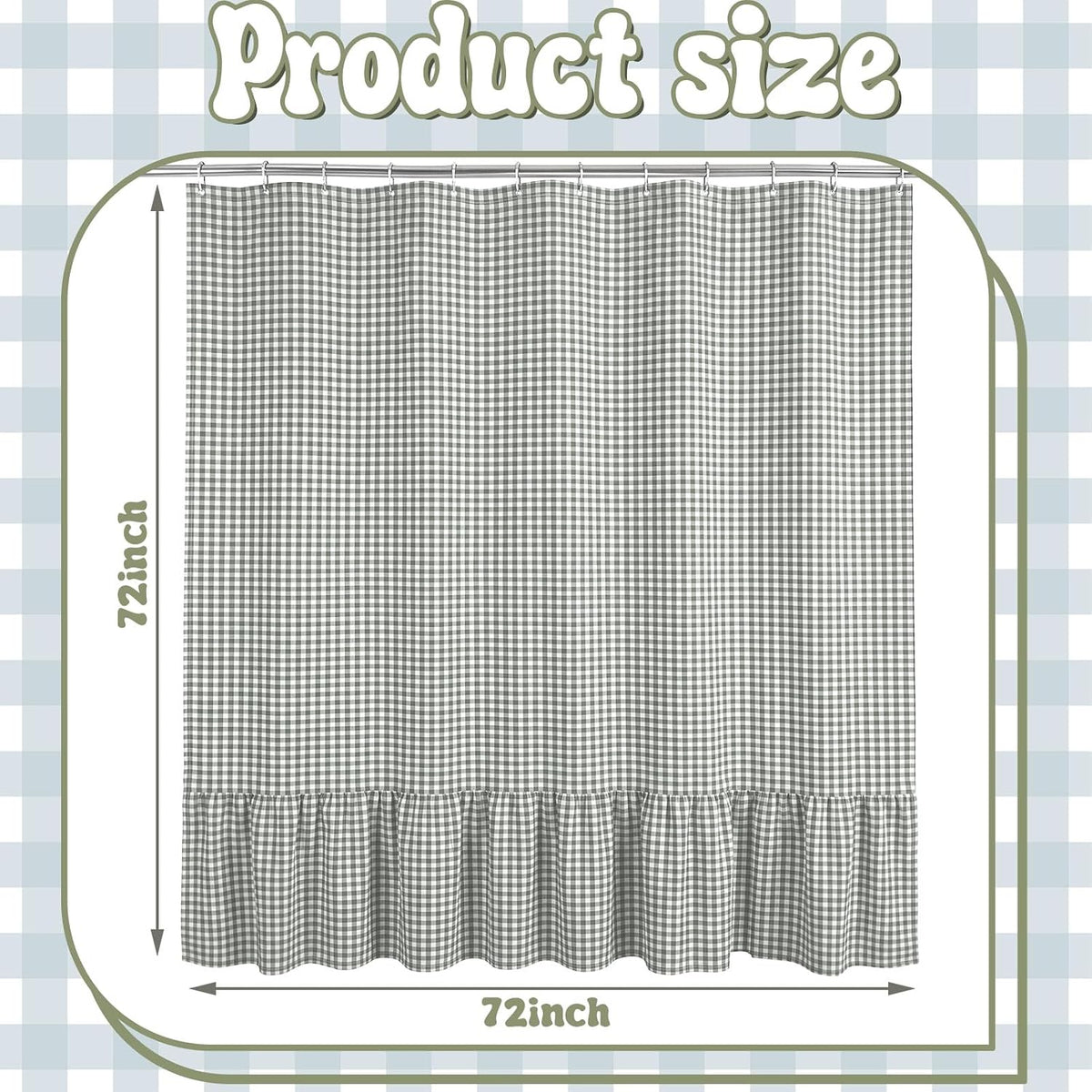 HunnmingRe Ruffle Hem Gingham Shower Curtain Sage Green