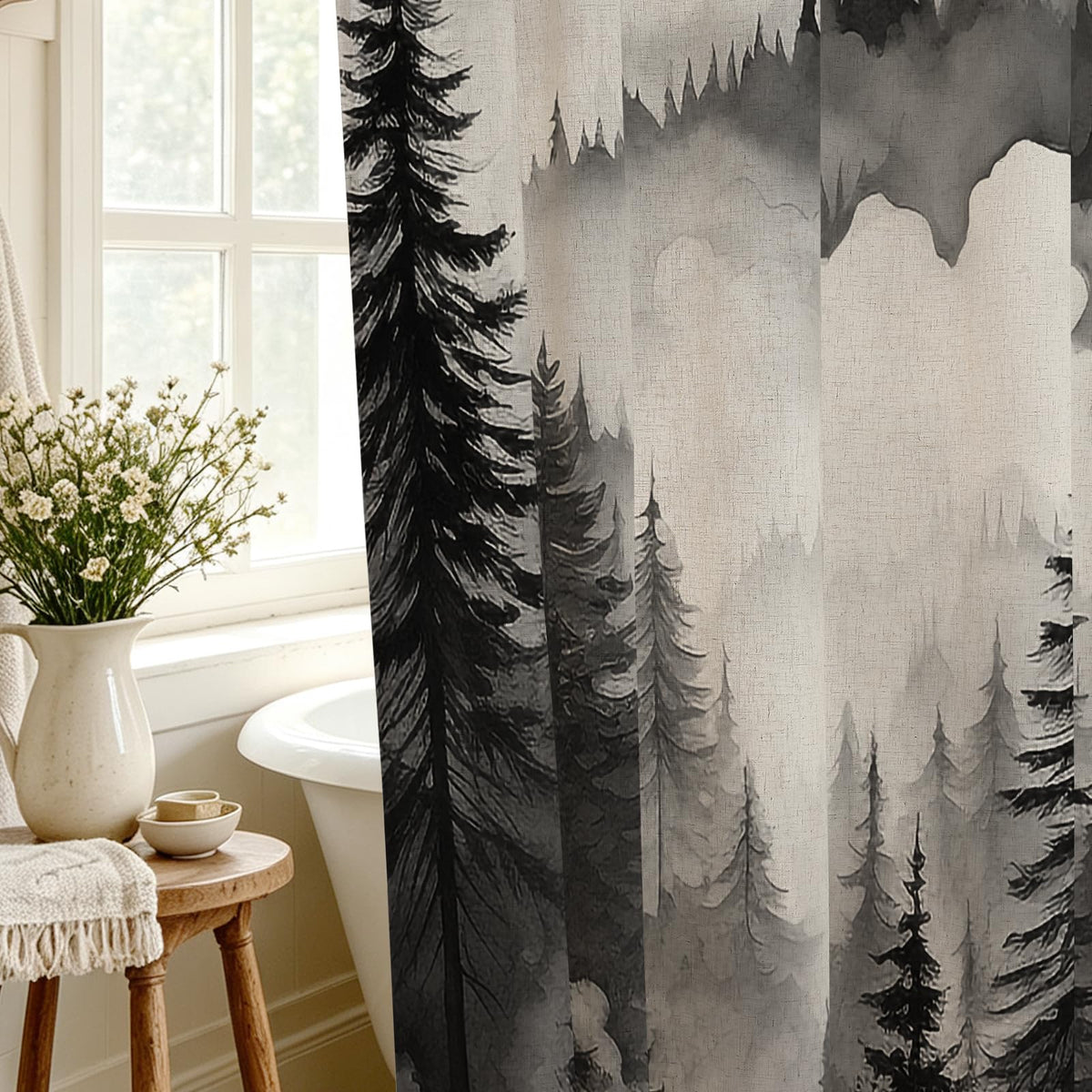 Dark Green Pine Forest Shower Curtain, Misty Woodland, 72 x 72 Inches
