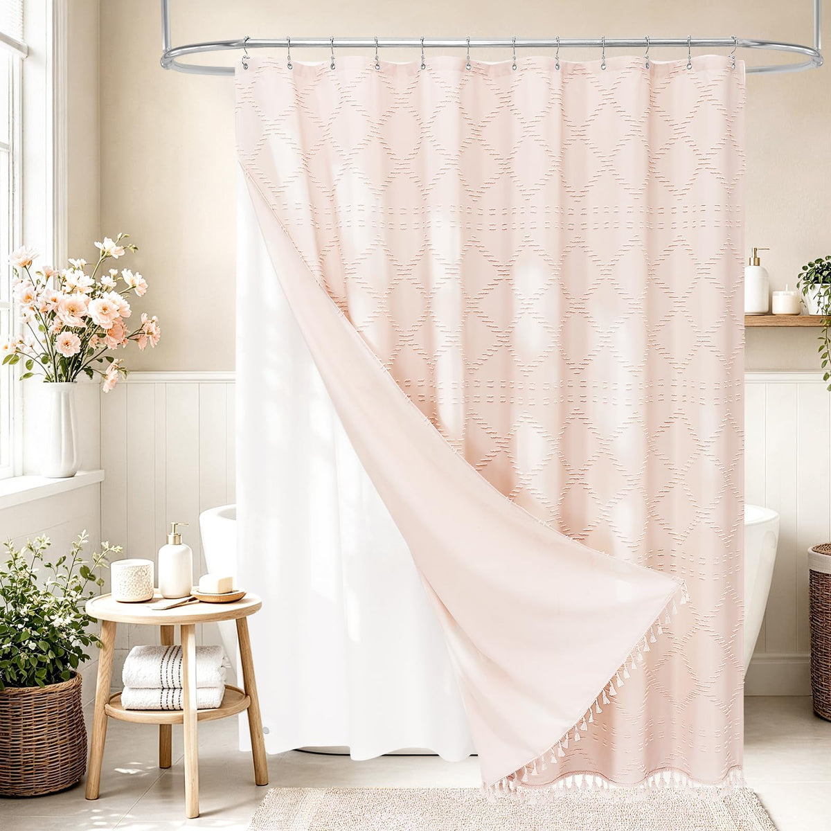 Blue Boho Woven Fabric Shower Curtain with Tassel 72 x 72, Tufted Textured