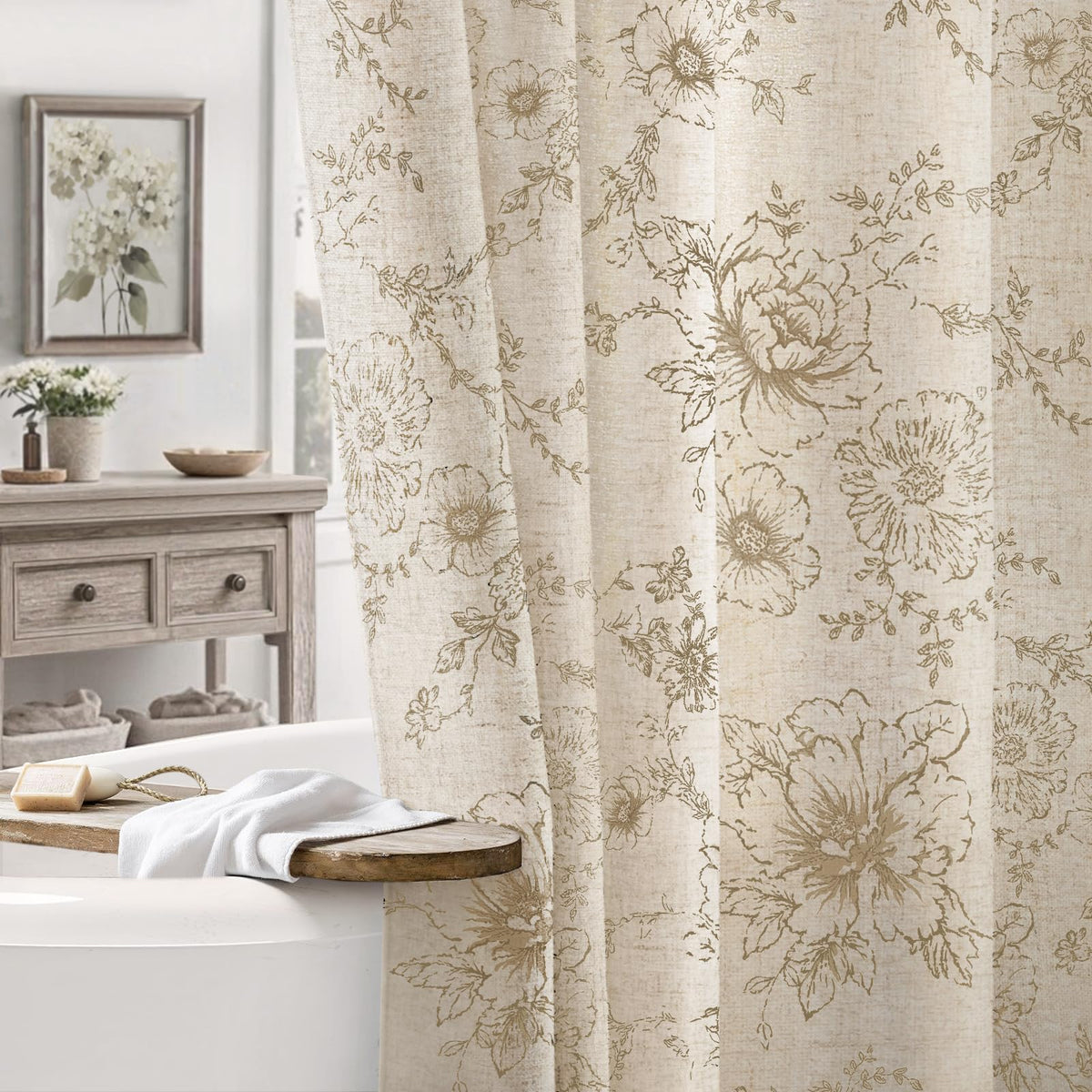 Farmhouse Floral Vintage Shower Curtain for Bathroom, Black and Tan Taupe