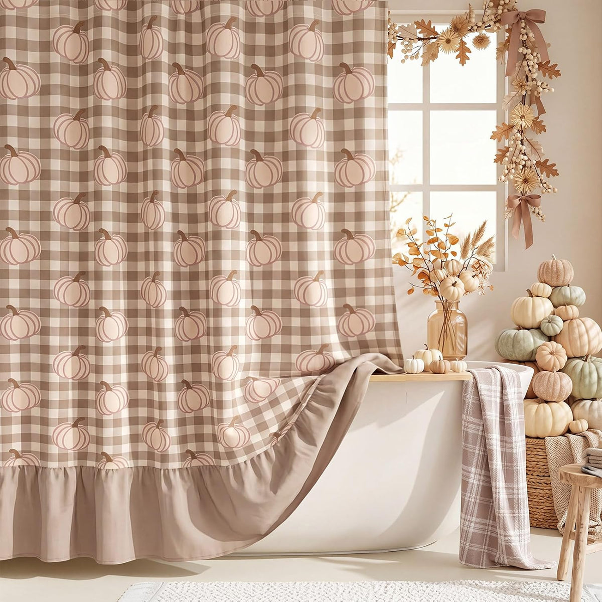 Irenare Fall Pumpkin Shower Curtain, Beige Ruffle Gingham Bathroom Decor