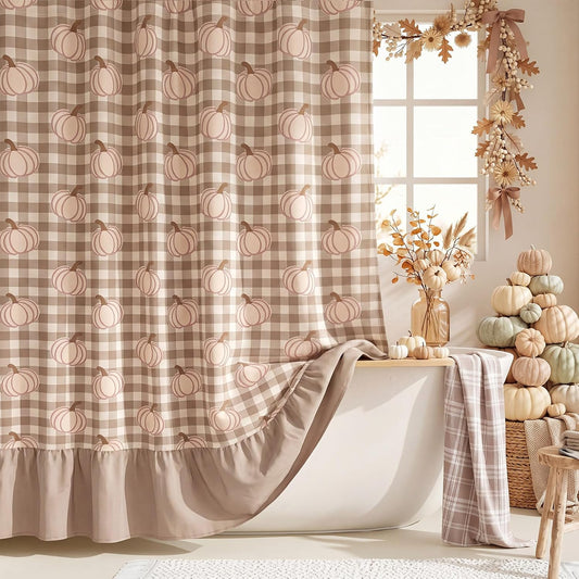 Irenare Fall Pumpkin Shower Curtain, Beige Ruffle Gingham Bathroom Decor