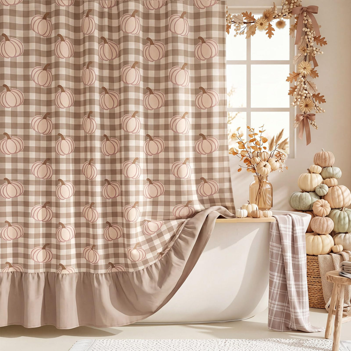 Irenare Fall Pumpkin Shower Curtain, Beige Ruffle Gingham Bathroom Decor