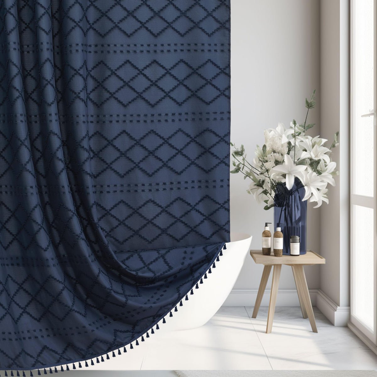 Siiluminisoy Sage Green Boho Shower Curtain Fabric Shower Curtain, 72 x 72 Tufted Chevron Textured Striped Modern Farmhouse Minimalist Cloth for Bathroom