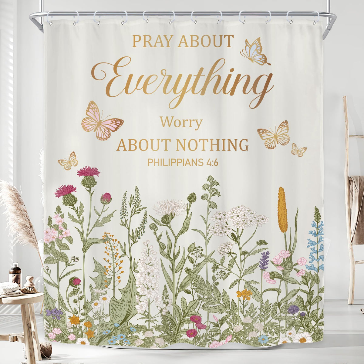 Sage Green Floral Wildflower Plant Herbs Nature Bathroom Shower Curtain Set