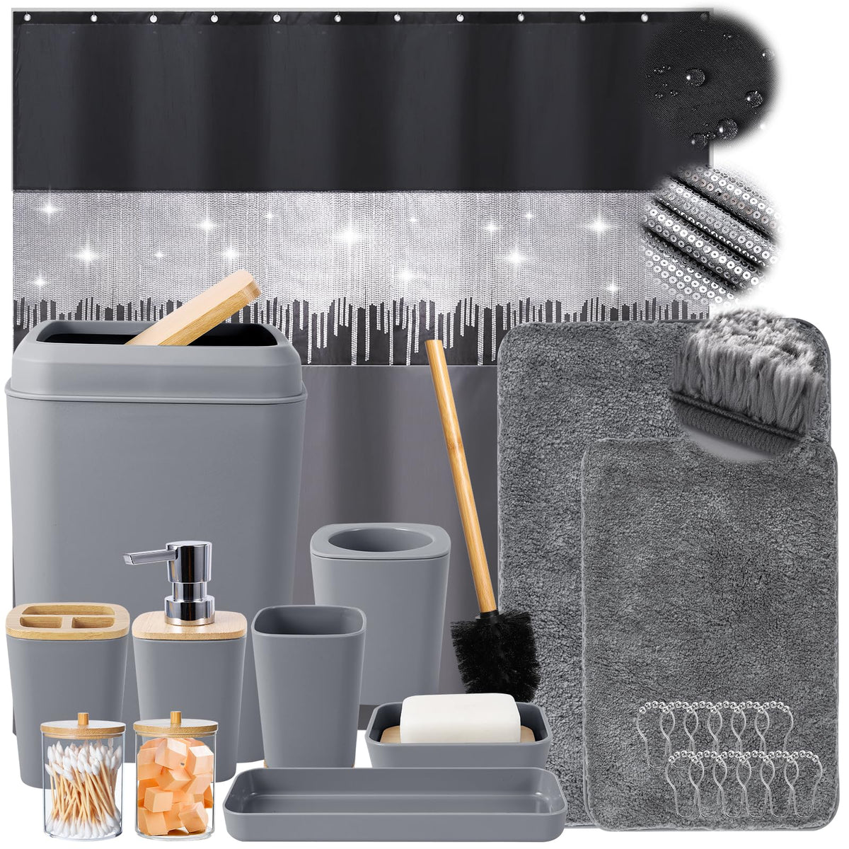 XLHOMO Bathroom Sets with Shower Curtain and Rugs,24PCS Black Bathroom Set Shower Curtain Set with Bathroom Trash Can Bathroom Accessories
