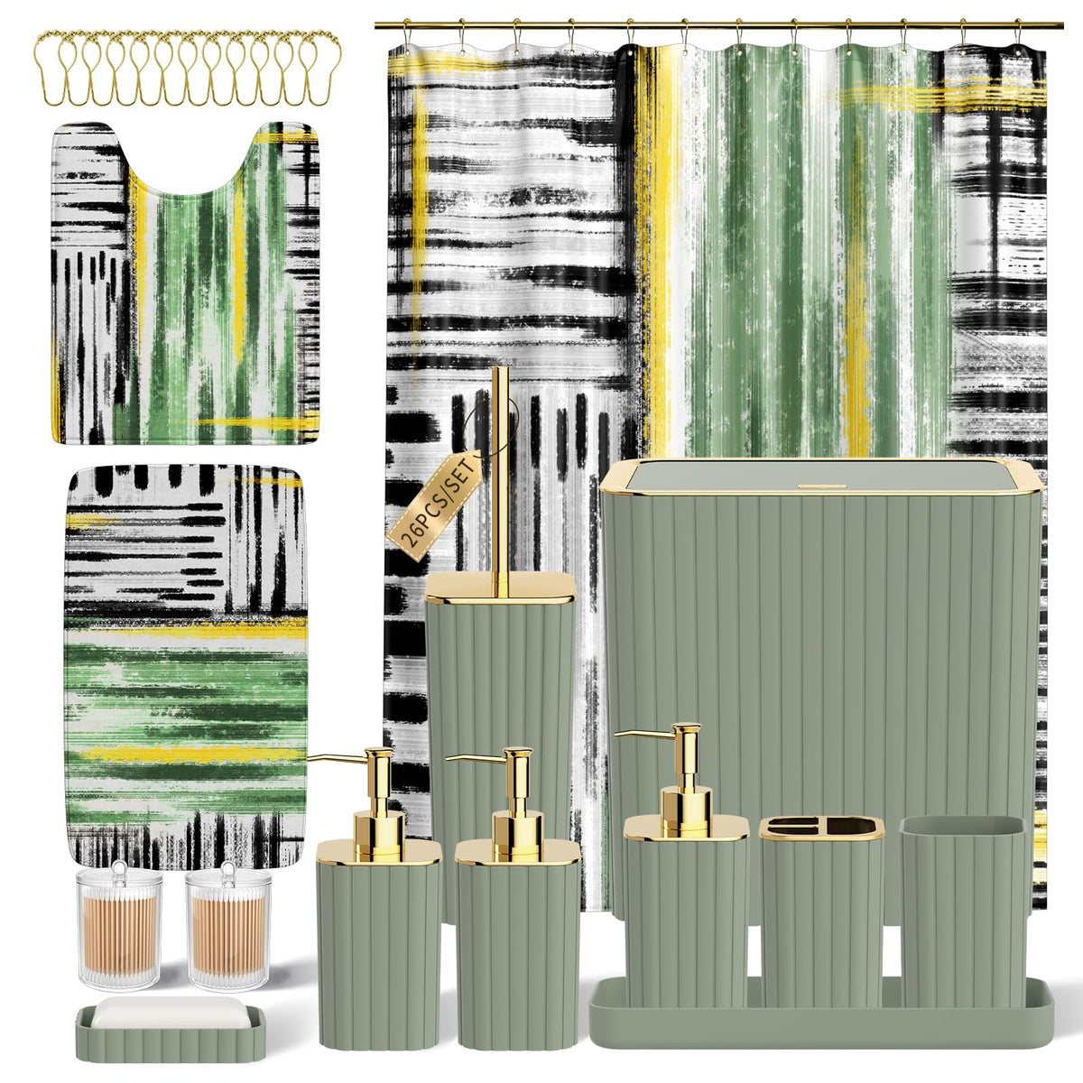 Bathroom Sets with Shower Curtain and Rugs - Elegant Bathroom Set, 27PC Bathroom Accessories Set, Green Bathroom Set, Mini Trash Can, Toilet Brush, Trash Can & Soap Dispenser