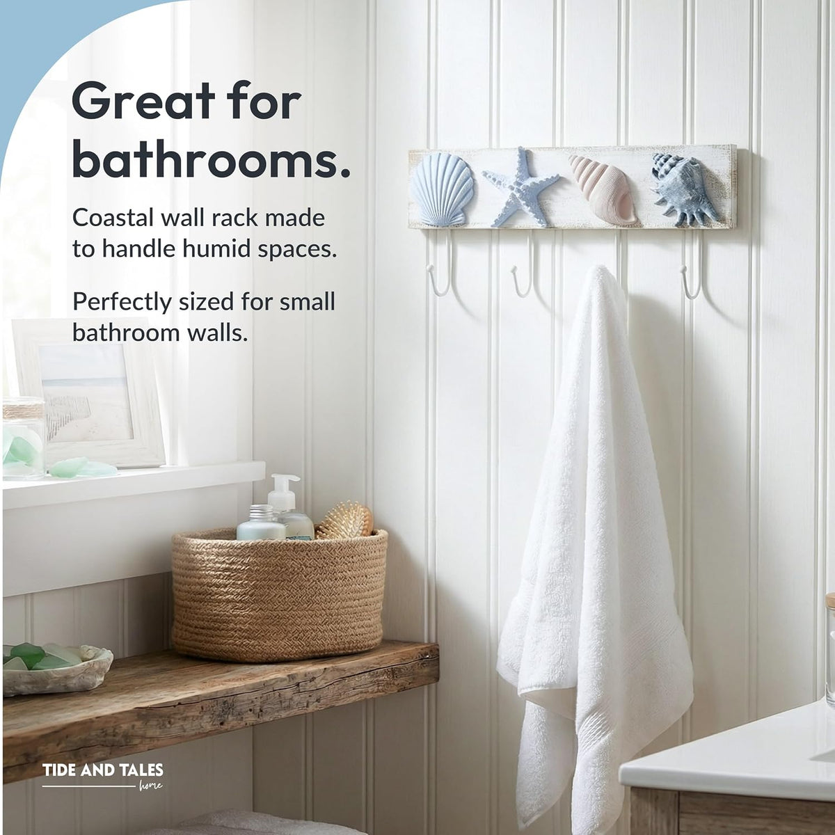 Tide and Tales Seashell Towel Rack, Beach Decor for Bathroom, Coastal Theme