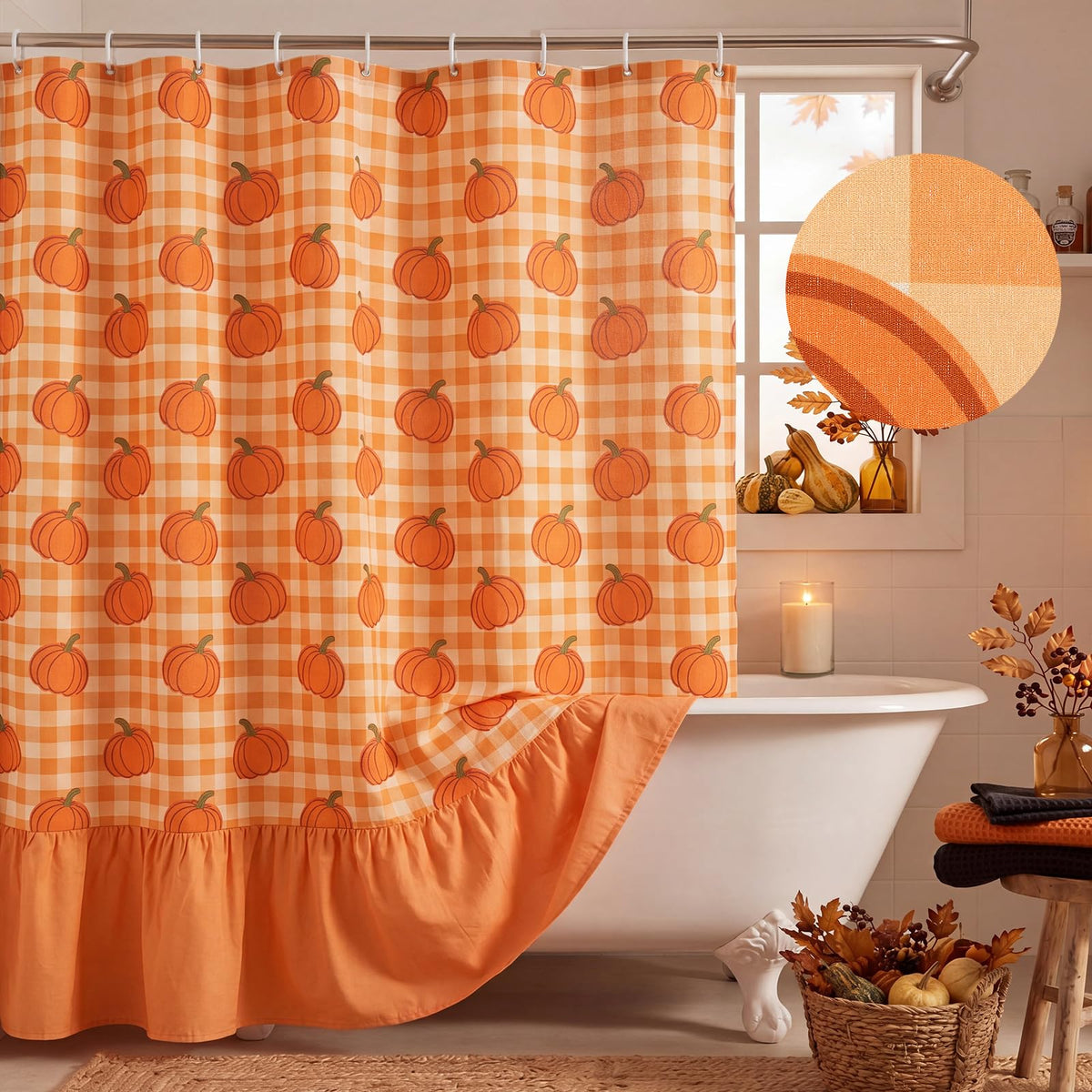 Irenare Fall Pumpkin Shower Curtain, Beige Ruffle Gingham Bathroom Decor