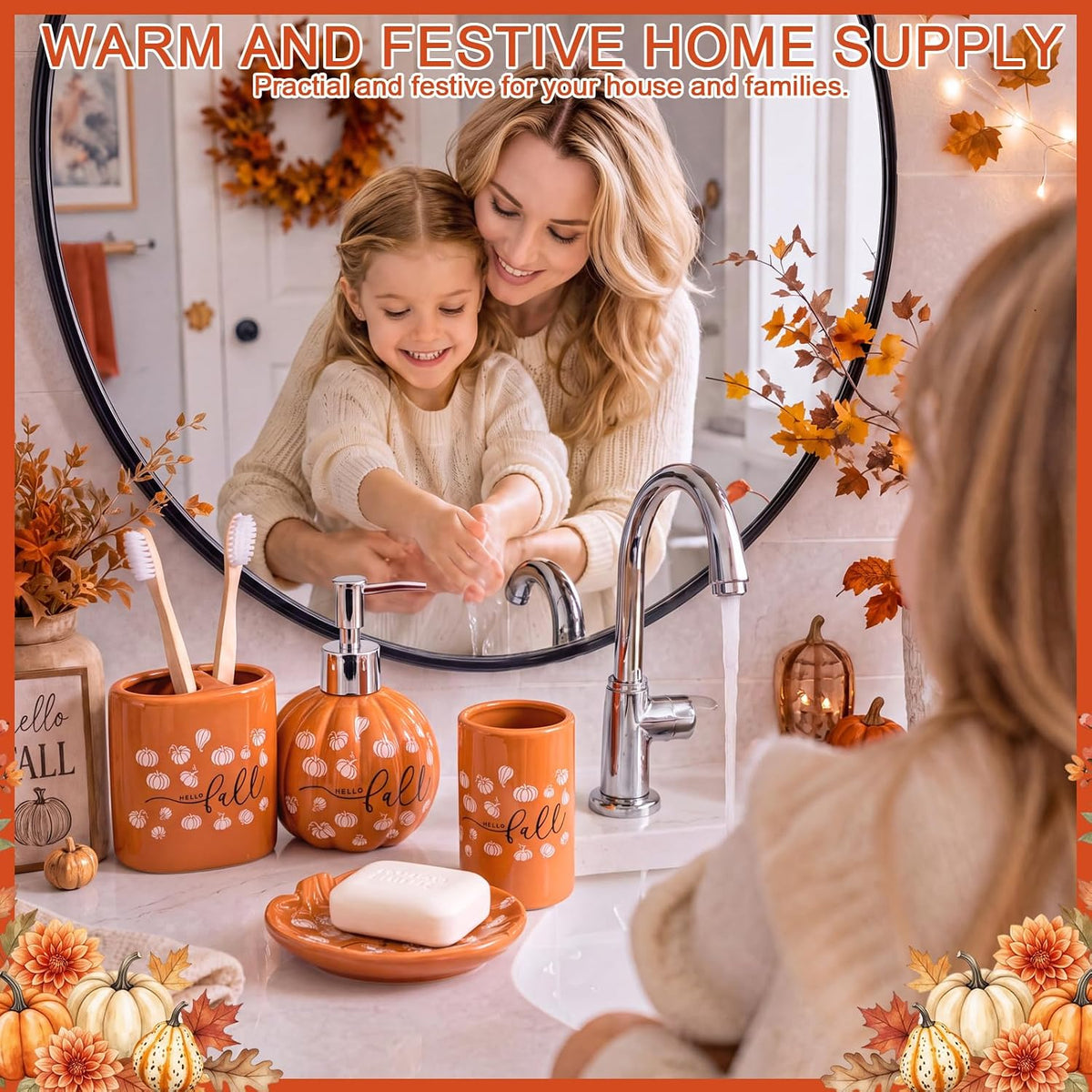 Domensi 4 Pcs Pumpkin Bathroom Ceramic Accessories Set Fall Bathroom Decor Include Lotion Dispenser Toothbrush Holder Tumbler Soap Dish for Home Bath Kitchen Decoration