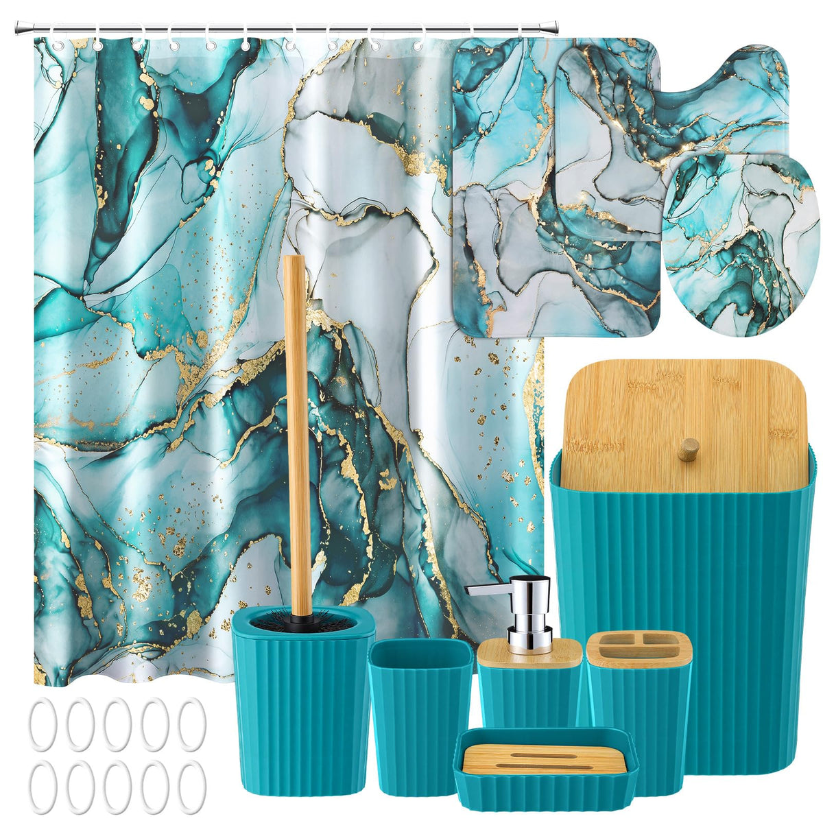 Patelai 10 Pcs Black and Gold Marble Bathroom Decor Set with Shower Curtain