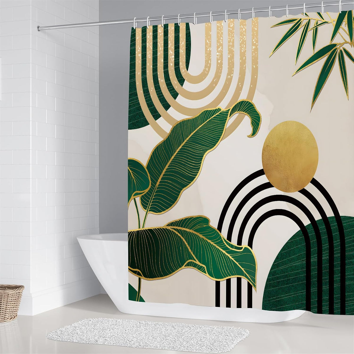 LQCOOL 4pcs Boho Shower Curtain Set with Rugs Green Leaf Bathroom Set